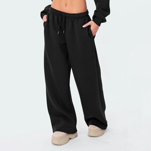 Women-Straight-Wide-Leg-Sweatpants-Casual-Baggy-Lined-Pants-Drawstring-High-Waist-Cargo-Jogger-Trousers