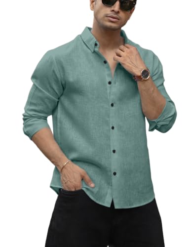 Image of NexaFlair Men's Shirt Regular Fit Solid Pattern Linen Cotton with Long Sleeve Collared Neck Standard Length and Button Down Closure Type | Mens Casual Shirts | Man's Formal Shirts