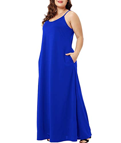 Wolddress Womens 2023 Casual Sleeveless Sundress Plus Size Loose Plain Long Summer Beach Maxi Dress With Pockets Blue 2X #TOP3