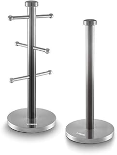 Tower T826072GRP Ombre Mug Tree and Kitchen Roll Holder, Stainless Steel body with Weighted Base, Graphite