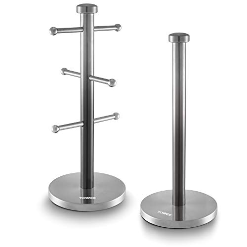 Tower T826072GRP Ombre Mug Tree and Kitchen Roll Holder, Stainless Steel body with Weighted Base, Graphite