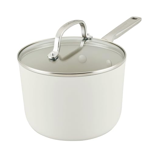 KitchenAid Hard Anodized Ceramic Non-Stick pan with lid, 3 Quart Non-Stick Saucepan with Stainless Steel Handle - Porcelain White