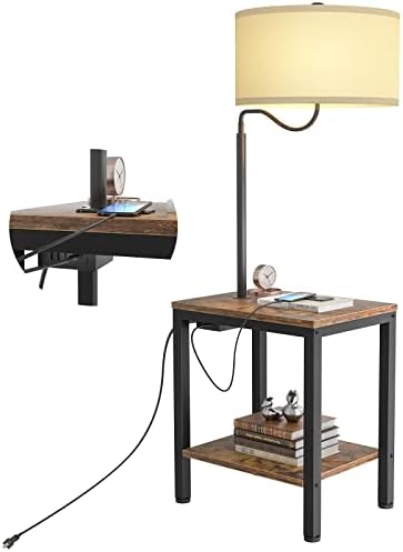 LityMax LED Floor Lamp with Table - Rustic End Table with USB Charging Port, Power Outlet, Bedside Nightstand Shelves, Side Table with Reading Standing Light for Living Room, Bedroom, Bulb Included