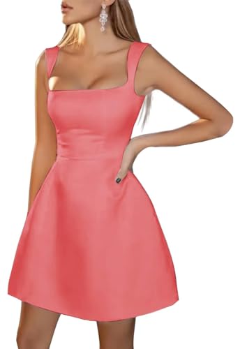 Image of Spaghetti Straps Short Homecoming Dresses Sqaure Neck Satin Mini Cocktail Dress Wedding Party Gowns