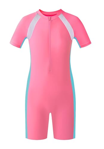 JiaYouLC Kids One Piece Swimming Costume 6-15 Girls Boys Swimming Suits (UK, Age, 8 Years, 10 Years, Regular, Pink)