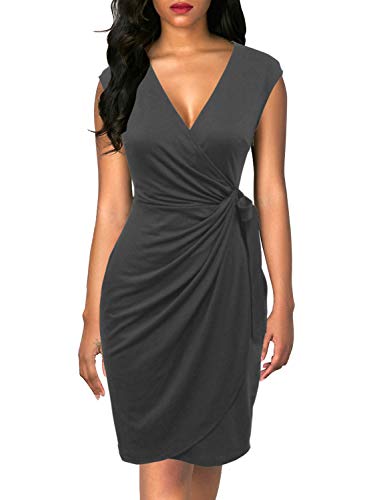 Berydress Women s Classic Cocktail Party Cap Sleeve Deep V Neck Draped Waist Tie Belt Knee-Length Faux Wrap Dress (L, 6028-Grey)