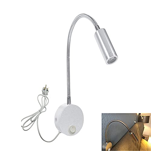 Image of BoYeeBo Flexible 3W LED Bedside Reading Lights, Wall Mounted LED Wall Lamp Working Study Light with Plug & Switch for Bedroom, Office, Workbench, Studio (Silver, 3000K)