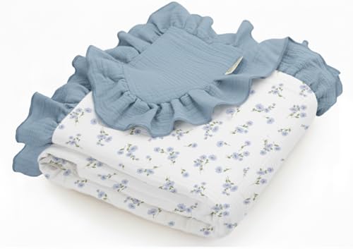 Image of Muslin Ruffled Baby Blanket, Extra Large 52 x 52 Inches, Soft Breathable Cotton Crib Blanket for Newborn Infant Toddler (Blue Meadow-Ruffled, Printed)