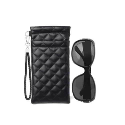 Image of Double Eyeglass Case Squeeze Top Glasses Pouch, Leather Soft Sunglasses Case with Carrying Strap