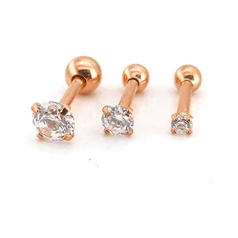Emmajewels 16G 1/4" Triple Rose Gold Forward Helix Stud Earring Cartilage 2-5mm Clear Crystal Prong Set CZ Stone Tragus Ring Ball Back (2,3,4mm Stones) Cover