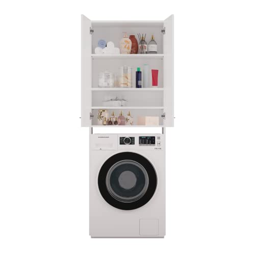 3E 3xE living.com Armoire de Salle de Bain pour Machine à Laver BAGNOLI: D: p: 30 cm, l: 64 cm, h: 180 cm, Etagere Salle de Bain, Colonne Salle de Bain, Meuble Rangement Salle de Bain, Blanc