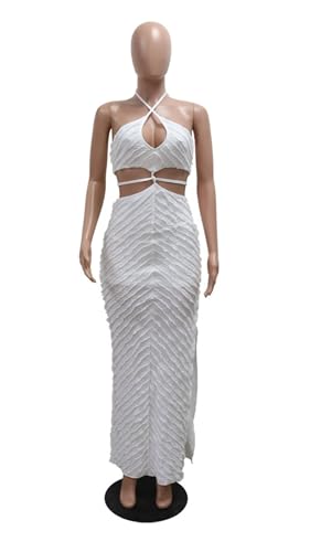 Image of Aro Lora Womens Sexy Halter Neck Criss Cross Pleated Hollow Out Side Slit Bodycon Maxi Dress Medium White