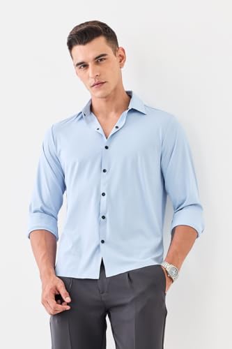 Image of SNITCH Men Casual & Semi-Formal Shirt | Regular Fit Full Sleeve Point Collar Solid Design | Premium Nylon Blend Breathable & Stretchable Fabric for All Day Comfort