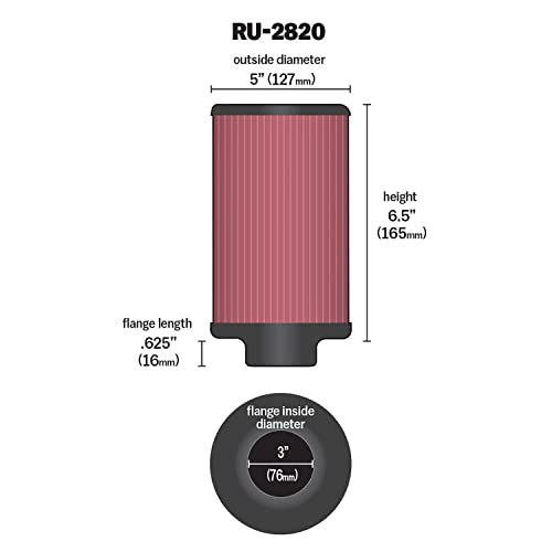 Image of K&N High-Flow Original Lifetime Universal Clamp-On Air Filter:High Performance,Premium,Washable: Flange Diameter: 3 In, Filter Height: 6.5 In, Flange Length:0.625 In, Shape: Round,RU-2820(Pack of 4)