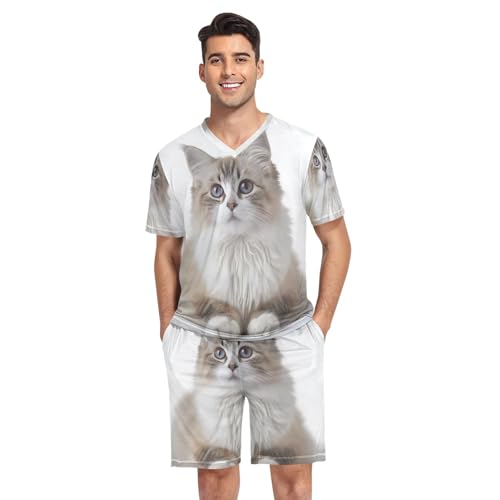 Men's Pajama Sets, Short Sleeve V-Neck Pjs Sleepwear With Pockets, S-XXL