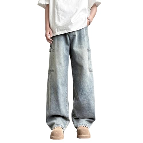 Jeans Hombre Pantalones de Denim Suelto Vintage Moda Jean Y2K Baggy Pantalones con Bolsillos Adolescentes Cargo Corte Recto Hip-Hop Pants Streetwear, azul claro, XL