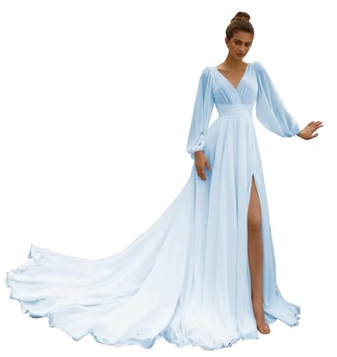 CSYPJYT Women's Long Sleeve Wedding Dress for Bride Chiffon V Neck Beach Boho Bridal Gowns Prom Evening Dress with Slit