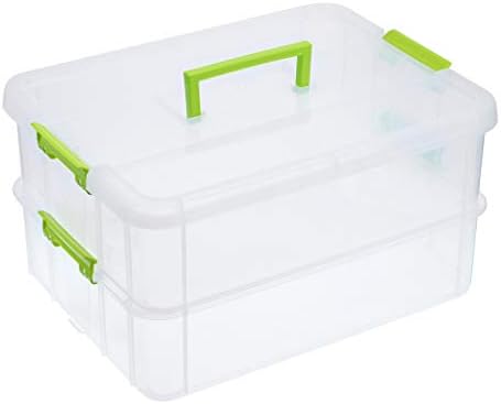 BTSKY 2 Layer Stack & Carry Box, Plastic Multipurpose Portable Storage Container Box Handled Organizer Storage Box for Organizing Stationery, Sewing, Art Craft, Jewelry and Beauty Supplies Green