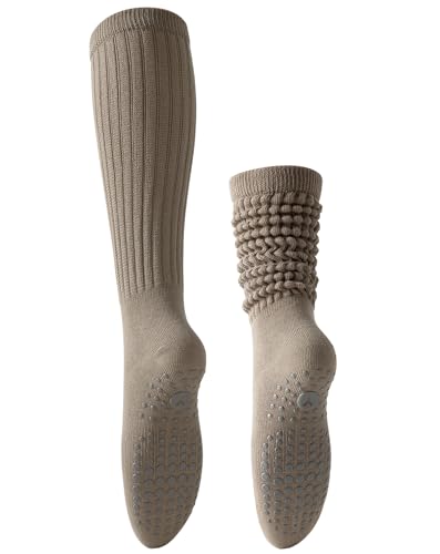 Image of Yawlsow Pilates Socks with Grips for Women Yoga Ruffle Grippy Non Slip Long Slouchy Scrunch Socks for Barre Workout Hospital