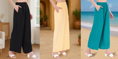 Image of Buy That Trendz Palazzo Pants for Women Rayon Elasticated Regular Fit Flared Wide Leg M to 6XL Pack of 3