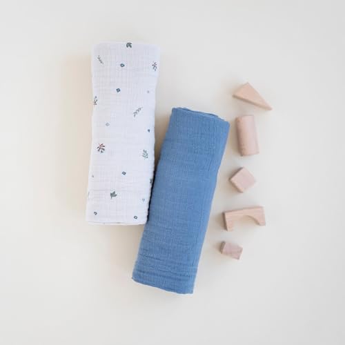 Image of Ely's & Co. Muslin Swaddle Blanket 2-Pack - 100% Cotton Muslin Extra-Large Swaddle Blankets (47 inch x 47 inch) Solid + Printed (Blue Garden Flower)