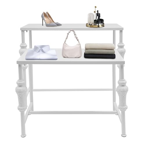 BANLICALI Set of 2 Retail Display Tables, Boutique Display Riser Retro Unit Storage Shelves, Floor Standing Metal Display Stand Shoe Handbag Storage Display Riser for Home, Retail Stores, Hotels White