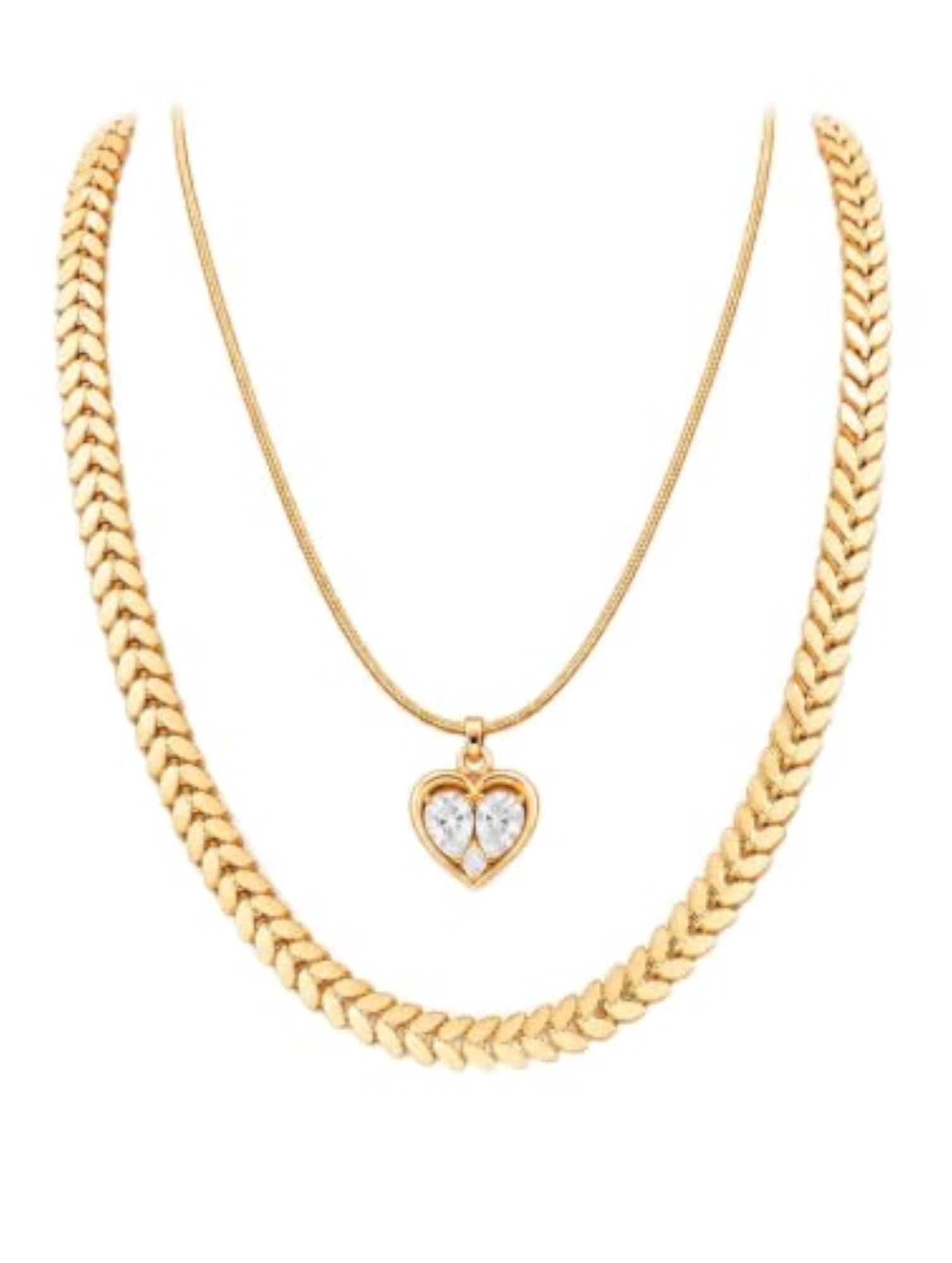 Women's 2 Chain Layer Necklace with Purple Flower & Heart Pendants