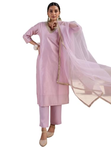 Image of Avanshee Women's Chanderi Cotton Silk with Zari Embroidery Kurta & Silk Crepe Pant Set And Net Dupatta Ethnic Wear Salwar Suit Set (ES 7539)