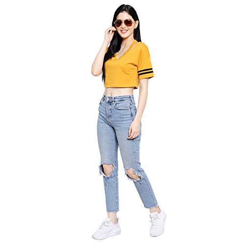 Image of LE BOURGEOIS Women Solid Loose Fit Desiger V-Neck Short Sleeve Dance Party Casul Crop Top