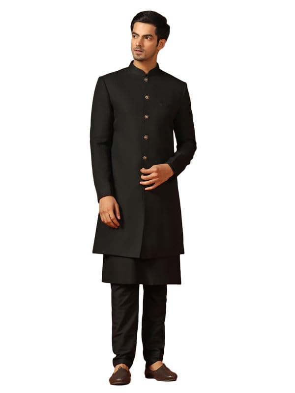 Men's Kurta Indo-Western Sherwani Trouser Set, Black Jacquard, Woven Design Regular Fit Mandarin Collar Long Sleeves