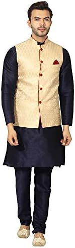 Uri and MacKenzie Men's Silk Blend Regular Kurta Churidar Pyjama with Bundi Nehru Jacket/Waistcoat