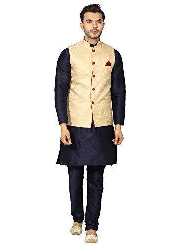 Uri and MacKenzie Men's Silk Blend Regular Kurta Churidar Pyjama with Bundi Nehru Jacket/Waistcoat