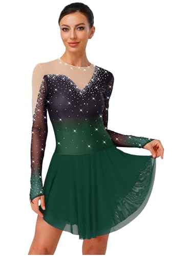 ranrann Vestido de Patinaje Artístico para Mujer Manga Larga Maillot de Danza de Gimnástica con Falda de Malla y Pedrería para Competiciones de Baile S-XXL Verde M