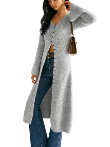 Image of Womens V-Neck Button Maxi Cardigan Bell Long Sleeve Open Front Split Breasted Sweater Dress