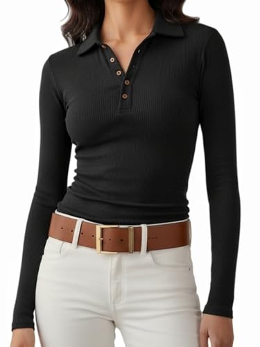 Meetrendi Women's Long Sleeve Business Casual Tops Collared V Neck Work Blouse Button Fitted Polo Shirts Black S