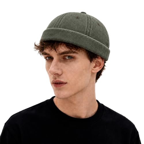 Image of Sailor Brimless Skull Hat, Washed Cotton Docker Hat for Men Vintage | Classic Vintage Style,Solid Color, Casual, Harbour Hat, Vintage Brimless Sailor Hat, Rolled Cuff Retro Beanie Hat, Adjustable