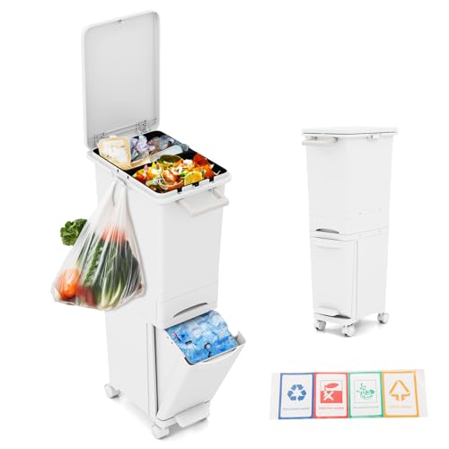 GOPLUS Cubo de Basura Vertical 30L, 3 en 1 con Pedal y Ruedas, Contenedor de Basura con Cubierta, Cajón y Pegatinas de Clasificación para Cocina y Sala de Estar (Blanco)