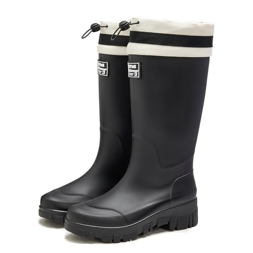 AZAGNEEM Mid Calf Rain Boots for Women Fashion Wide Width Waterproof Non-Slip Platform Chunky Heel Outdoor Work Rain Shoes Lightweight Comfortable Garden Boot Outdoor Mud Boots (Black Rope Long,8.5)