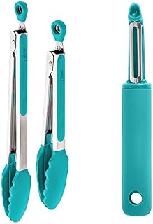 Gorilla Grip Silicone Tongs Set of 2 and Swivel Vegetable Peeler, Silicone Tongs are 7 and 9 Inch, Peeler is Dishwasher Safe, Both in Turquoise Color, 2 Item Bundle