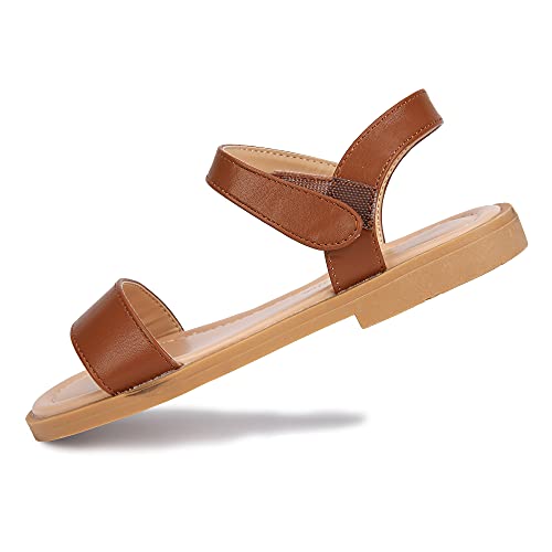 Pandaninjia Gina Tan Girls Sandals Open Toe Summer Flats Dress Sandals Shoes Toddler/Little Kid/Big Kid (Tan Pu, 3 M Us Little Kid) #TOP3