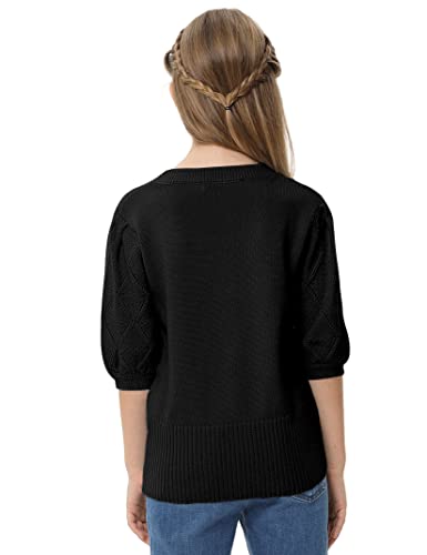 Girls Puff Short Sleeve Knit Sweaters Crewneck Pullover Sweater Kids Cute Fall Blouse Tops 5-14Y4