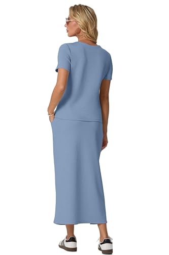 Image of GRECERELLE Women Summer Casual 2 Piece Sets V-Neck Wrinkle-Free Top & Elastic Waist Midi Side Slit Skirt with Pockets