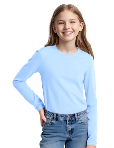 Image of KEREDA Girls Long Sleeve Shirts Soft Cotton T-Shirts Crewneck Basic Tees for Kids and Teen Girls Tops Clothes