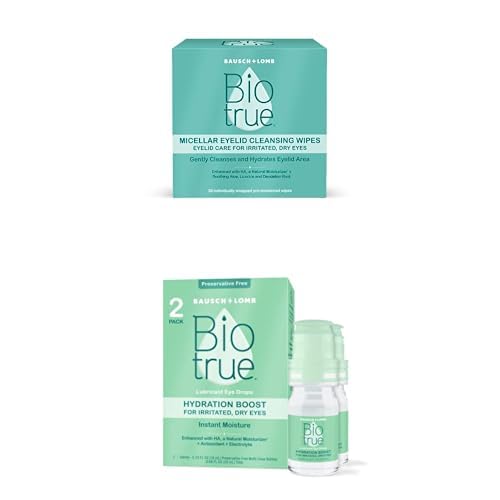 Biotrue Micellar Eyelid Cleansing Wipes for Irritated and Dry Eyes Pack of 30 + Biotrue Hydration Boost Eye Drops, Preservative Free, Soft Contact Lens Friendly 0.33 FL OZ (10 mL) 2 Count