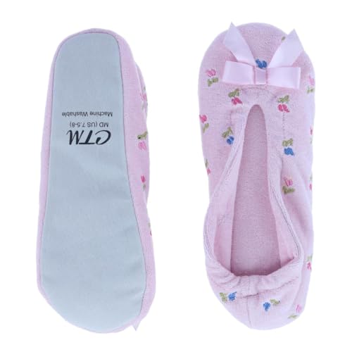 CTM Women's Floral Embroidered Terry Ballerina Slipper House Shoe3