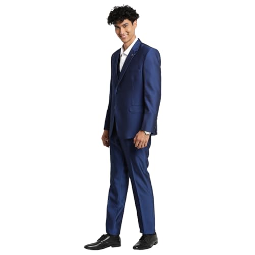Image of Turtle Men 100% Cotton Dobby Print Full Sleeve Three Piece Blue Party Suit