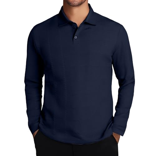 Polo de punto para hombre, suéter casual de manga larga con cuello, cierre de botón de un cuarto, textura acanalada, suéter de inspiración vintage para días fríos, azul marino (1B-Navy), L