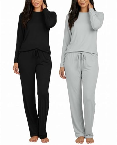 Image of Real Essentials 2 Pack: Women's Long Sleeve Pajama Sets - Soft Comfy 2 Piece PJ Set Matching Ladies Sleepwear (Plus Size)