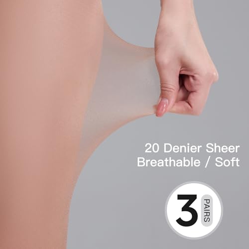 Image of Yilanmy 3 Pairs Sheer Tights for Women Ultra Thin T-Crotch Pantyhose High Waist Stockings 20D