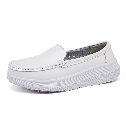 Image of Women's Platform Orthopedic Nurse Working Shoes,Comfortable Breathable Slip On Anti-Slip Nursing Restaurant Work Leather Walking Loafers